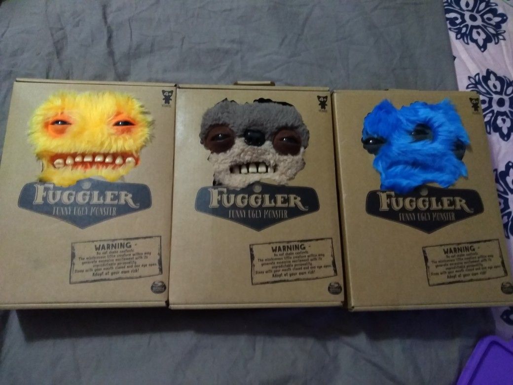 3 Rare Fugglers Mr. Buttons Plush Creature w/Teeth, Annoyed Alien w/ Blue Fur, Teddy Bear Nightmare Plush 9