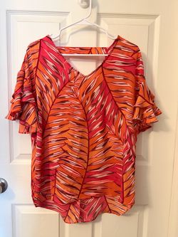 Large Tropical Print Ruffle Sleeve Blouse