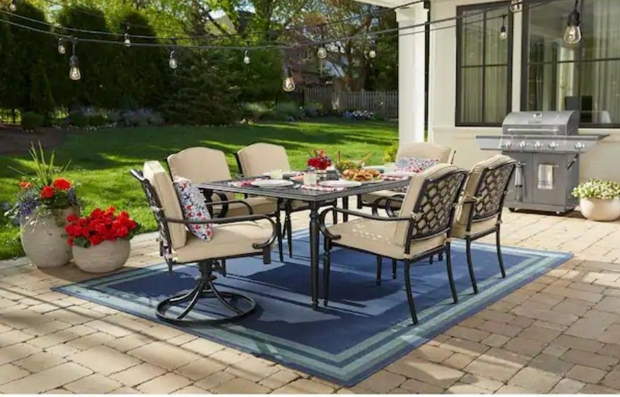 7-Piece Brown Steel Outdoor Patio Dining Set with Tan Cushions