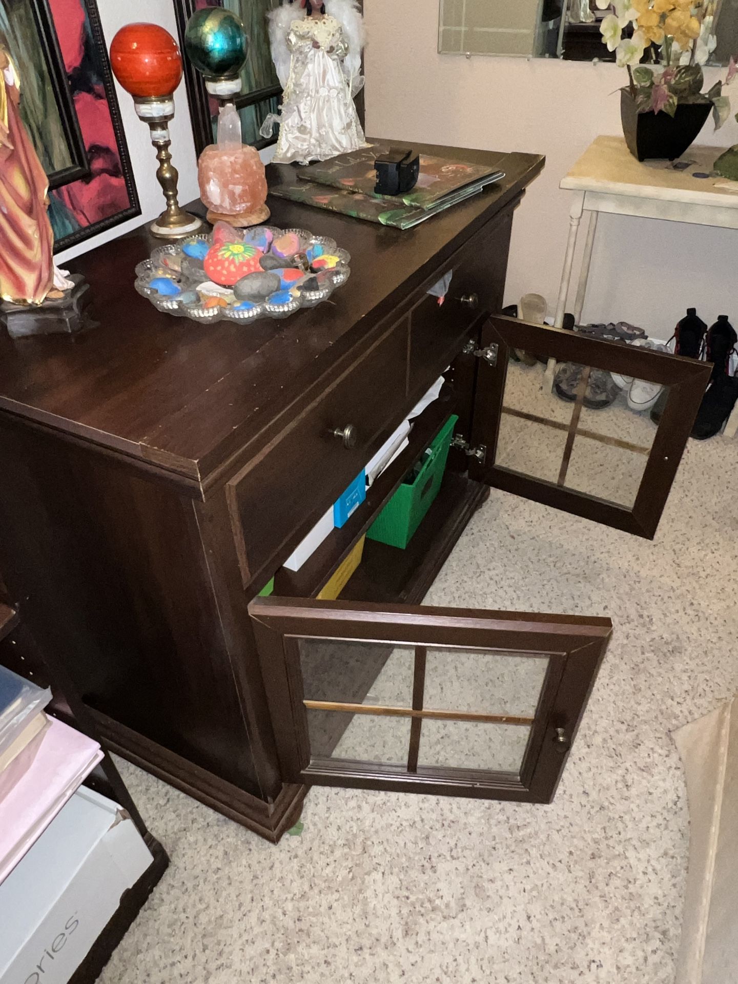 Solid Wood Storage Console with Glass Doors - Vintage Design