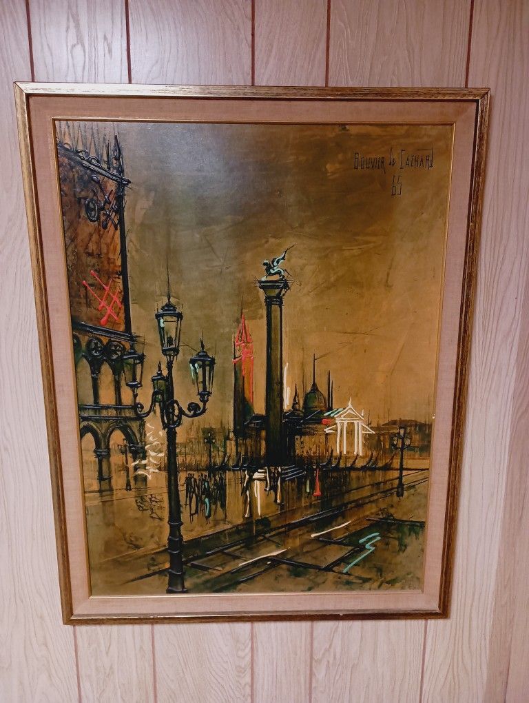 Huge Mid Century Vintage Retro Art Drip Painting on Board of Venice by Bouvier de Cachard 1965