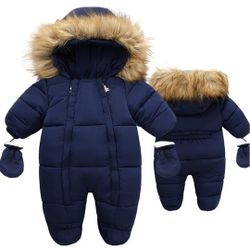 Fairy Baby Infant Baby Winter Snowsuit Coat Romper Hooded Double Zipper Fur Collar Warm Jumpsuit