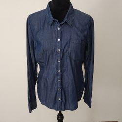 Guess Long Sleeve Blue Button-Up Shirt Size Large