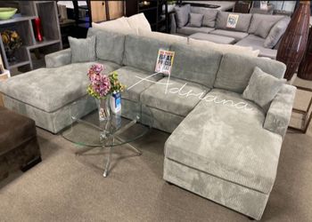 U shape sectional sofa, double chaise grey corduroy