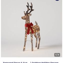 45" LED Faux Rattan Buck with Red Bow Christmas Novelty Sculpture Light - Wondershop