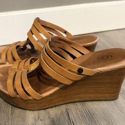 UGG Tan Leather Strappy Platform Wedge Sandals Size 6.5