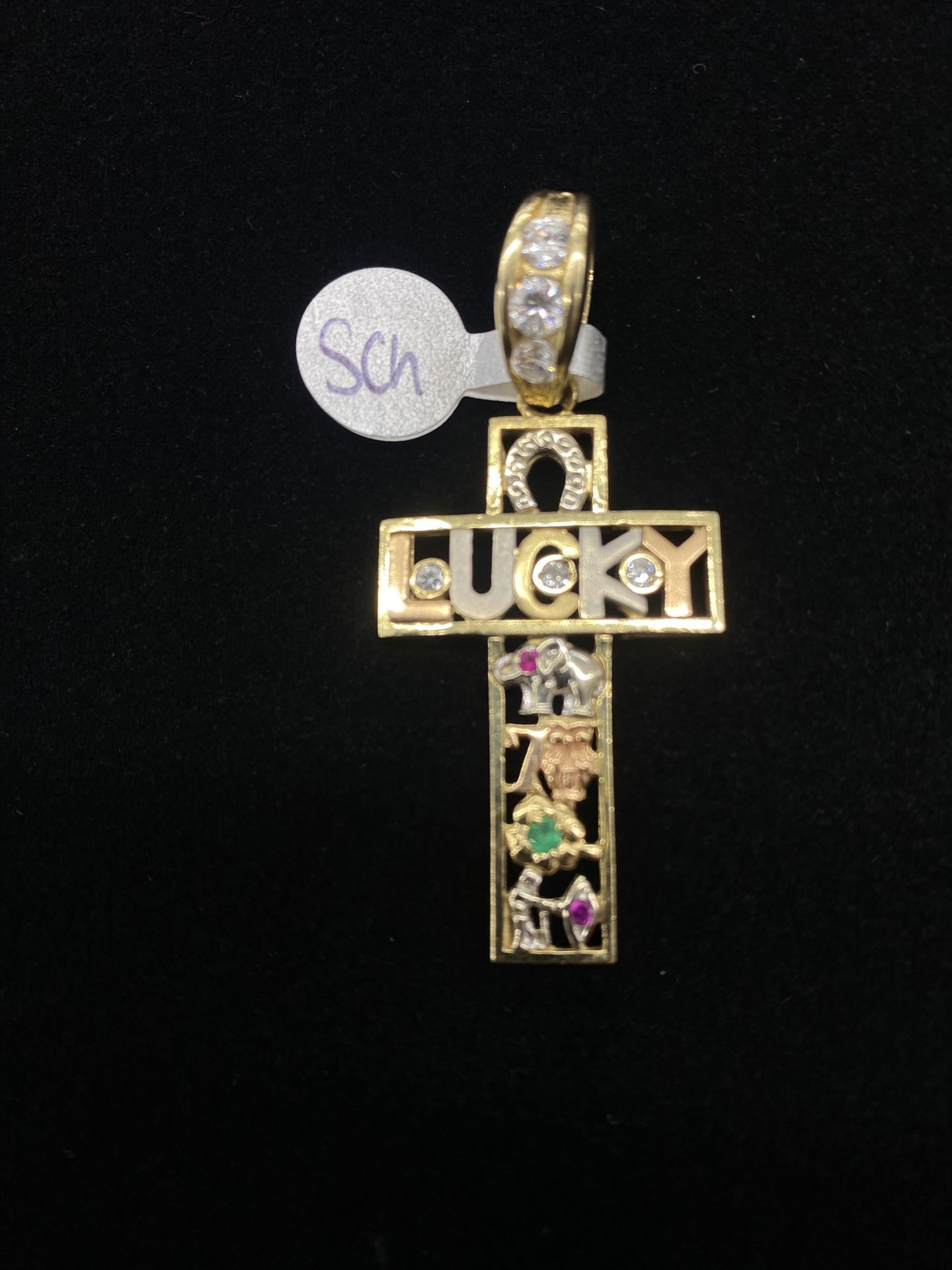 $1100 Three Tone Gold W Zirconia Lucky Figure Cross Charm