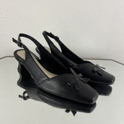 EASY STREET Y2K Black Faux Leather Edgy Bow Slingback Slip On Block Kitten Heels
