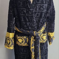 Versace I Heart Baroque Cotton Bath Robe Size S Black And Slippers With Box