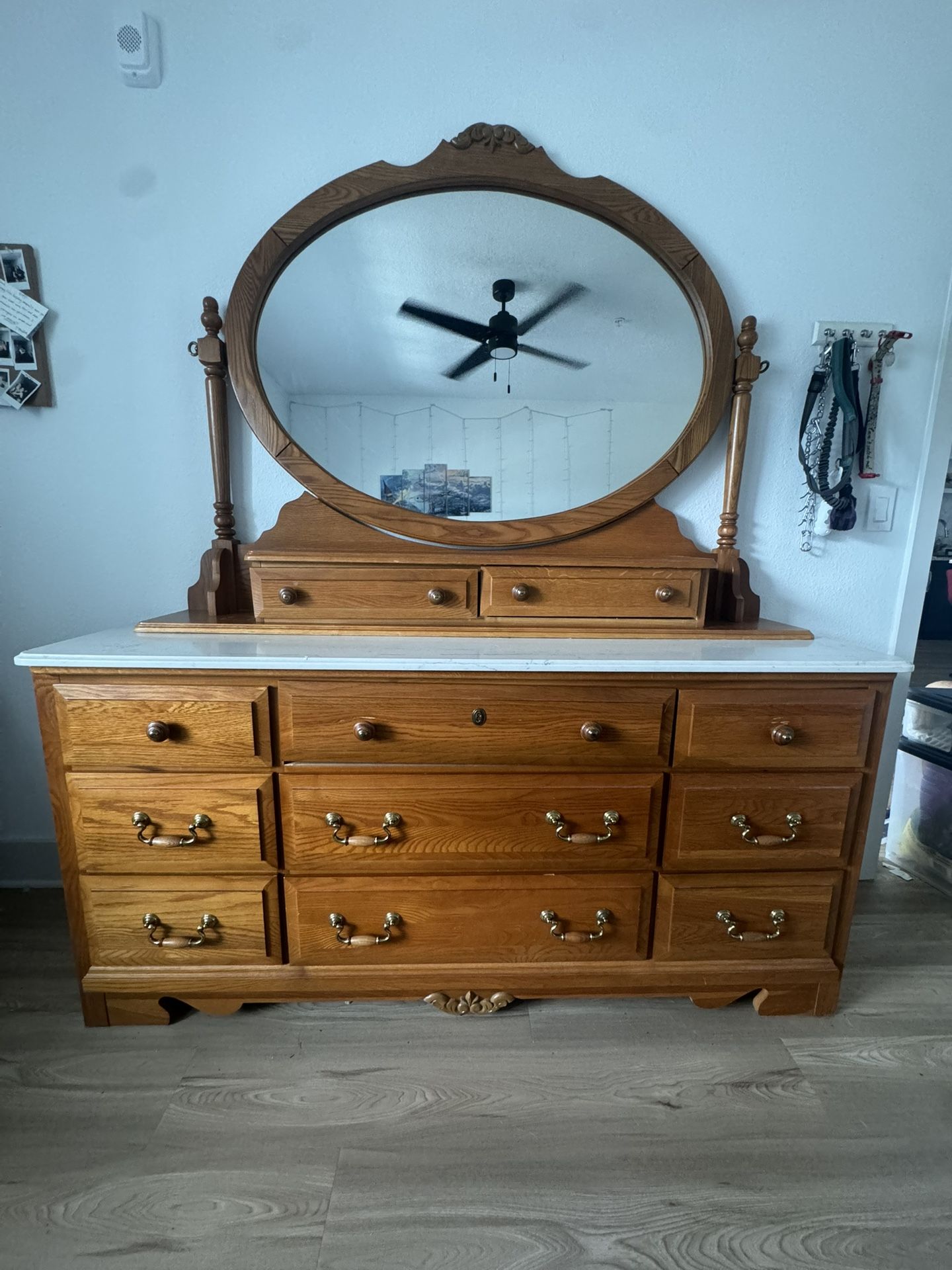 Antique wooden and white marble 9 drawer dresser and night stand set with 2 drawer vanity mirror and 2 drawer night stands