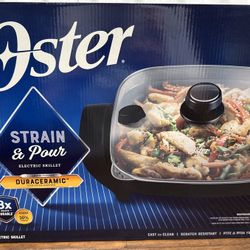 Brand New Oster Duraceramic Strain & Pour, Non-Stick Coating Electric Skillet, 12 Inch x 12 Inch