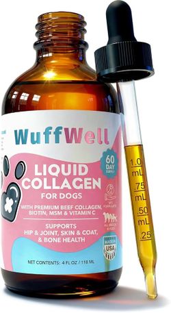 WuffWell Liquid Collagen for Dogs - Premium Dog Collagen Drops for Healthy Joints - Made in USA - Supports Skin & Coat Health - Easy to Administer for