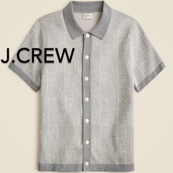 (NEW) MEN’S J.CREW SHORT-SLEEVE HERITAGE COTTON SWEATER-POLO IN WINDOWPANE JACQUARD - SIZE: MEDIUM