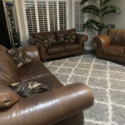  Must GO!! GENUINE LEATHER Sofa -  May Consider Breaking Up Set-(See Description For Measurements) Includes Ottoman & Pillows 