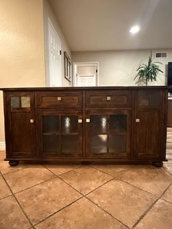 Solid Wood Sideboard/Buffet Cabinet With Glass Doors and Slate Tile Accents