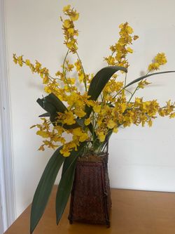 Vintage Faux Yellow Oncidium Orchid Arrangement in Woven Bamboo Ikebana Basket