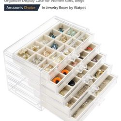 Watpot Acrylic Jewelry Box with 5 Drawers, Clear Earring Storage Organizer Display Case for Women Girls, Beige