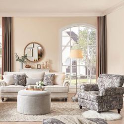 3 Piece Living Room Set, Upholstered Sofa Couch,sofa  And Floral Accent Chair  And Large Storage Ottoman