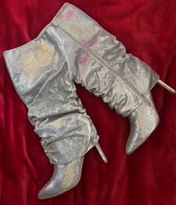 Silver Metallic Slouch Stiletto Knee-High Boots
