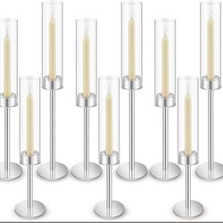 9 Pcs Silver Candlestick Holders Clear Glass Hurricane Candle Holder Bulk Vintage Candelabra Taper Tall Glass Hurricane Candle Cover For Christmas Wed