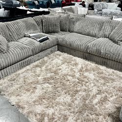 Grey Sectional Sofa - Plush Corduroy Fabric 
