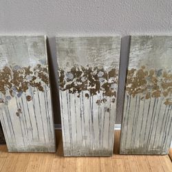 Abstract Gel Coat Canvas With Metallic Foil Embellishment 3 Piece Set In Taupe