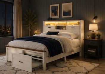 Queen Farmhouse Bed Frame with Storage Drawers & LED Lights