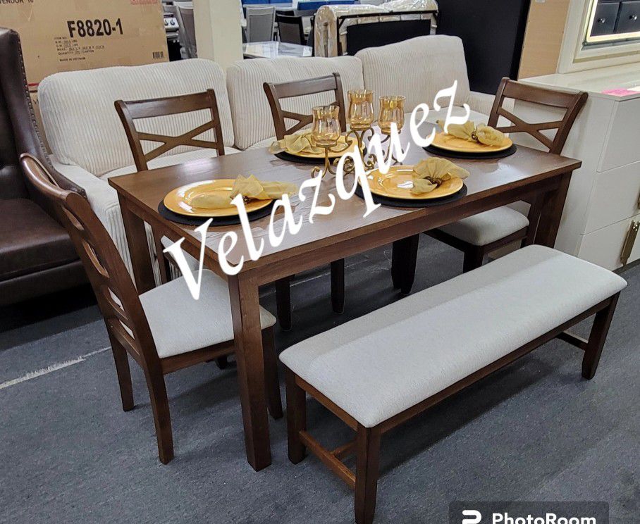 ✅️✅️6 pc brown finish wood dining table set padded seat chairs and bench✅️ 