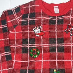 Women's 2XL Red Plaid Christmas Pull Over Sweater Sequin Applique Candy Cane 