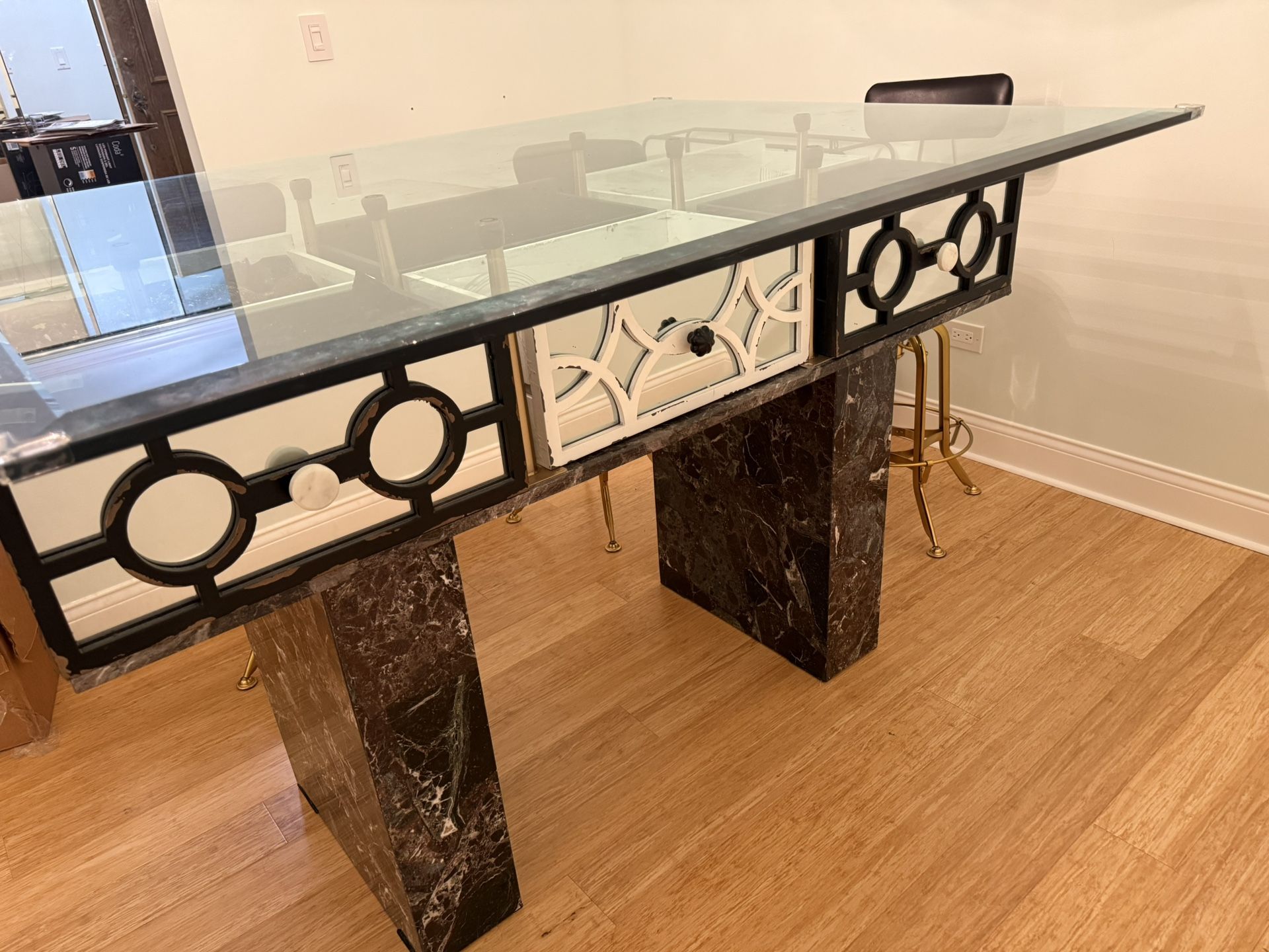 Glass Table With Marble Stand and Optional DIY Mirrored Drawers