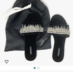Victoria Secret Velvet Black Bling Fringe Crystal Embellished Slippers Size 7-8W/Medium