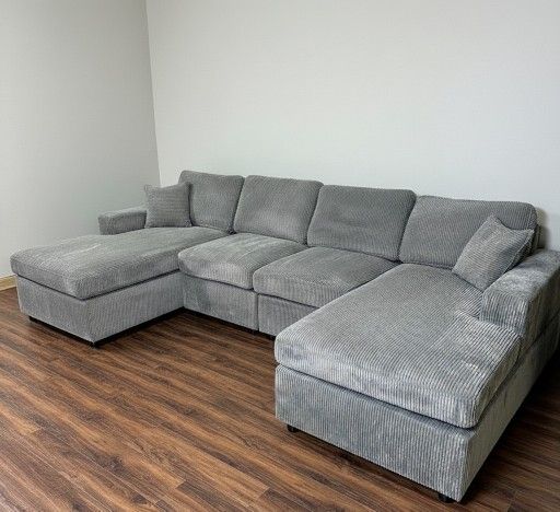 New! Fog Grey Double Chaise Corduroy Sectional