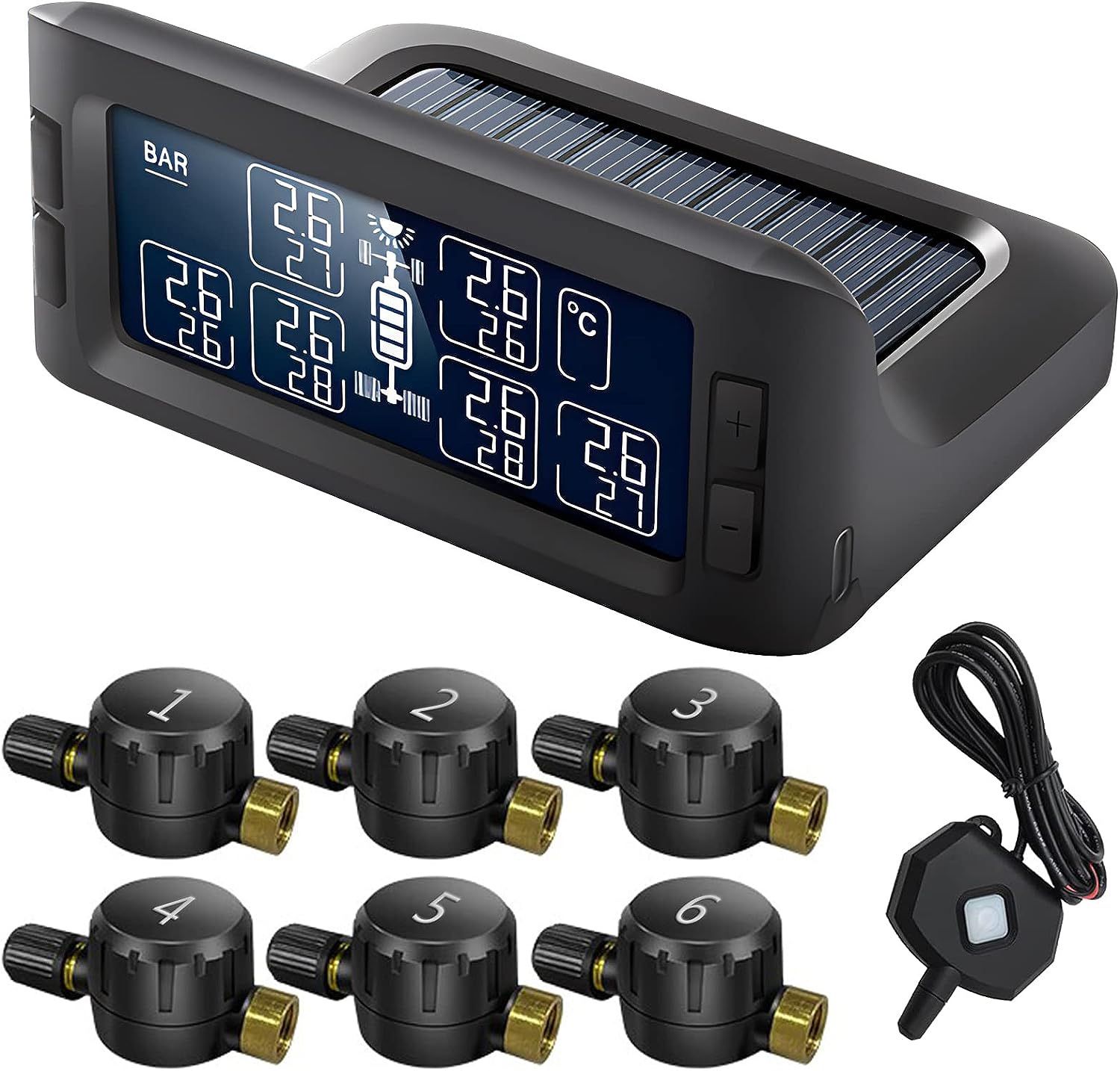 3.2inch RV Tire Pressure Monitoring System with 6 Flow Thru Sensors(0-15Bar/217PSI) & Repeater, 7 Alert Modes Trailer TPMS Real Time Display Pressure 