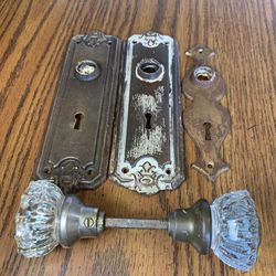 2 Vintage Glass Door Knobs Handles+ Metal Face Plates Hardware Reclaim-Salvage