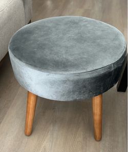 Modern Slate Gray Velvet Ottoman | Mid-Century Wood Legs