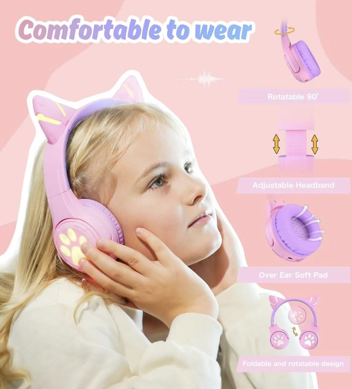 Cat Ear Kids Bluetooth Headphones with LED Light Up,Safe 85dB Volume Limit,Built-in Mic&Boom Mic for Calls