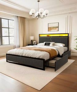 New in box Upholstered Full Bed Frame with 2 Storage Drawers, LED Headboard, USB Ports, Dark Gray