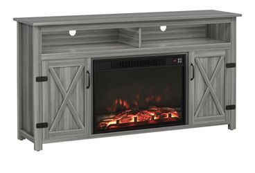 Gray TV stand with built-in fireplace