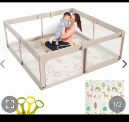 Mloong Baby Playpen With Mat, 59x59 Inches Extra Large Playpen For Babies And Toddlers, Indoor & Outdoor Activity Center, Safety Baby Fence With Gate.
