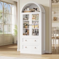 70" Tall Arched Kitchen Pantry Storage Cabinet with Glass Doors, Freestanding Modern Farmhouse Hutch Cupboard with 2 Large Drawers