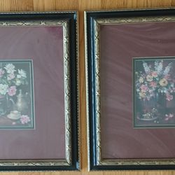 Pair of Framed Floral Prints Signed Pike - Rose Bouquet in a Vase and Still Life Art,  in beautiful Wooden Frames.