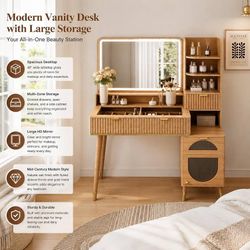 Modern Vanity Desk with Mirror, Makeup Table with Storage Drawers, Shelves Vanity Desk with Mirror、Makeup Vanity Desk、Vanity Table with Lights