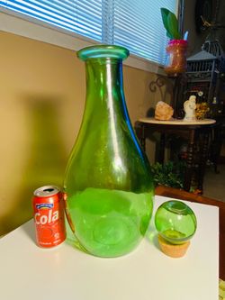 Beautiful Large 19”x 8” Green Glass Decanter. Spain