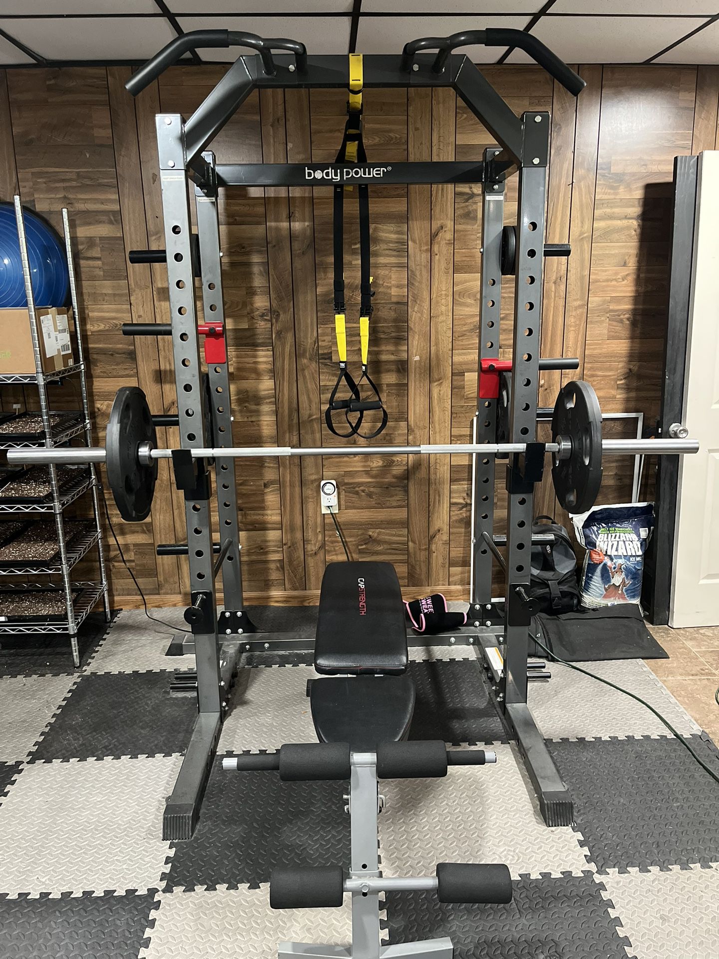 Barbell Rack With Bench, Barbell And Weights