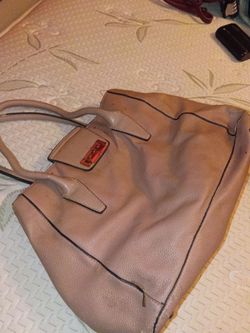 Beige Leather Tote Handbag with Gold Hardware