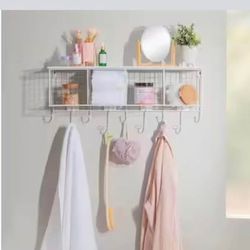 Decorah White Metal 4-Cubby Wall Shelf with 9 Hooks