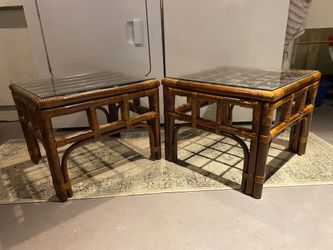 Vintage Mid-Century modern rattan glass side tables