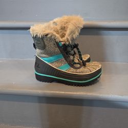 Sorel Gray Black & Teal Faux Fur Lined Boots Size 2