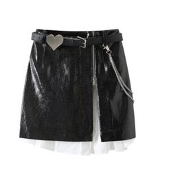 Women's Black Leather Skirt with Silver Chain and Heart Shape Belt