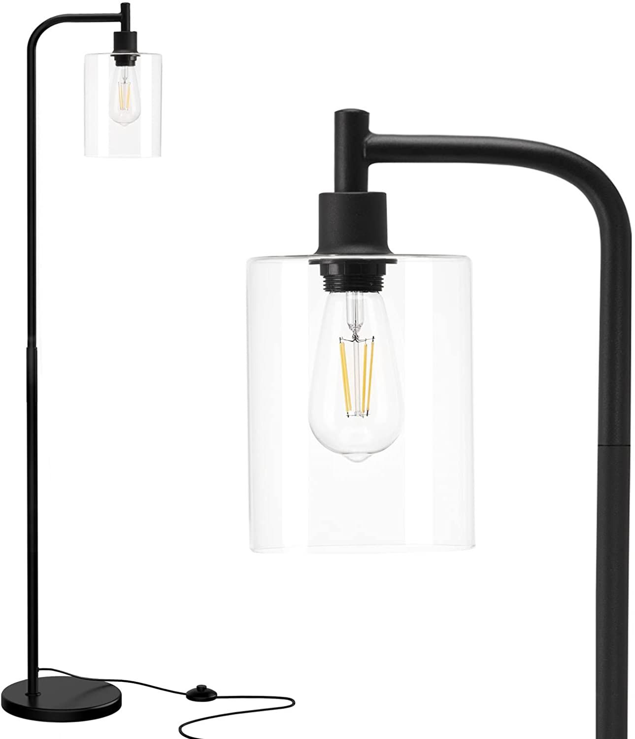 LED Floor Lamp, with Hanging Glass Lamp Shade and LED Bulb for Bedroom and Living Room Black&Gold